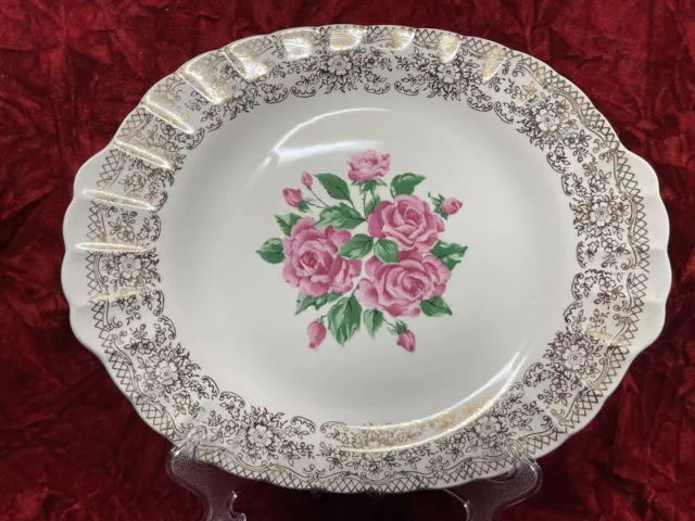 Vtg Sebring Pottery Co. USA  China Bouquet Rose 12” Platter 22K Gold Accent NICE