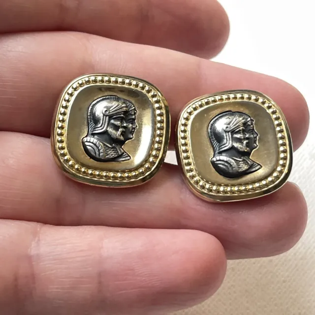 Vintage Gold Tone Square Cameo Silver Tone Roman Soldier Knight Cufflinks