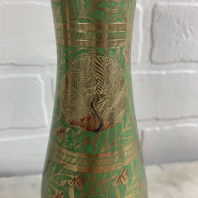 Beautiful Vintage Heavy Brass Ornate Etched Peacock/Floral Design Vase India