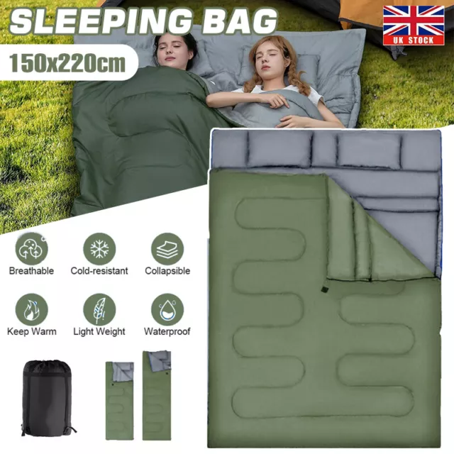 2 in 1 Double Sleeping Bag 4 Seasons Waterproof Camping Bag w/2 Pillows & Bag