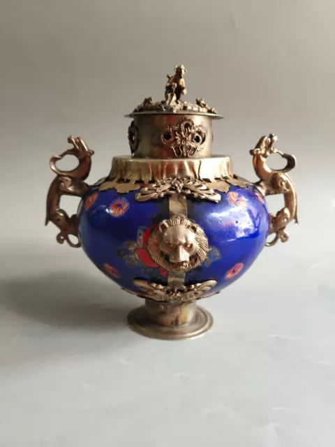 Collectible chinese Handmade tibet-Silver & Porcelain inlaid lion Incense Burner