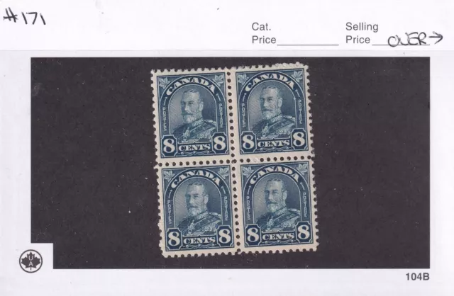 CANADA Scott # 171 8 cent dark blue Arch/Leaf Issue Block of 4 Mint H