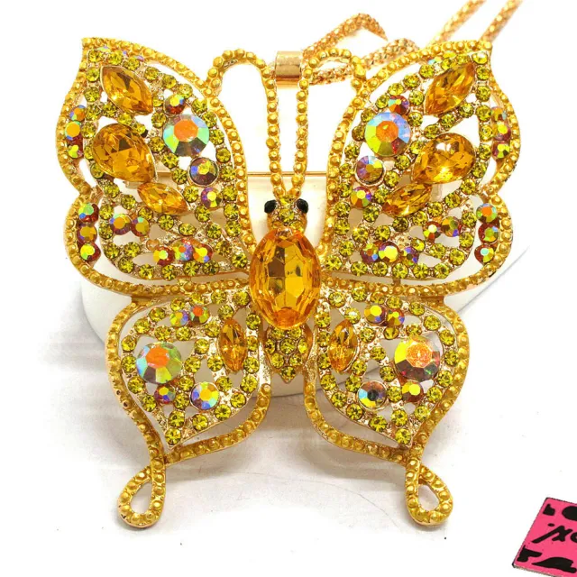 New Fashion Women Cute Rhinestone Yellow Butterfly Crystal Pendant Necklace