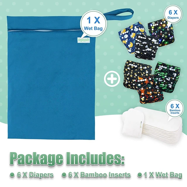 Washable Reusable Baby Cloth Pocket Diapers 6 Pack + 6 Bamboo Inserts, 1 Wet Bag 7