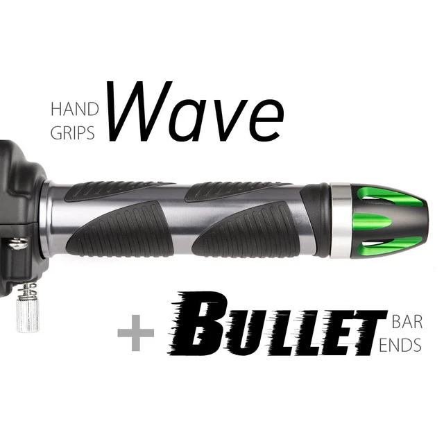KiWAV Motorcycle Wave Grips Dark Gray with Bullet Bar Ends Green/Silver