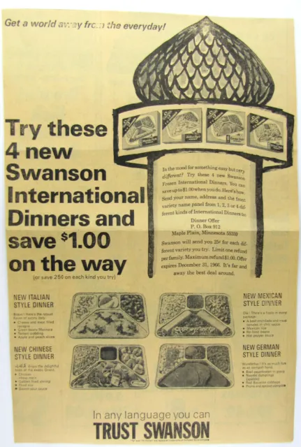 Vintage 1966 SWANSON Frozen Food TV Dinner Newspaper Print Ad
