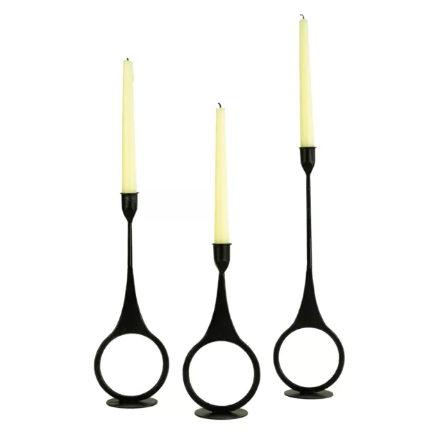 Modern Black Cast Iron Taper Candle Holders Set 3 Elegant Metal Circle Ring