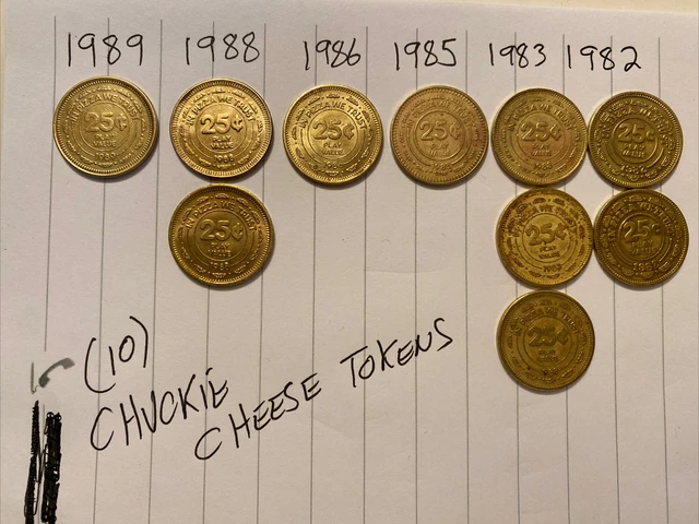 (10)- 1980’S Lot Of Chuck E Cheese Coins 1982 /83/85/86/88/89 TOKENS