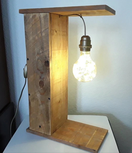 Lampe En Bois De Récupération Style Industriel Loft - Incrustations LED Blanc Chaud