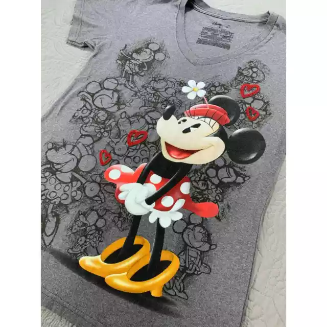 Camiseta Minne Mouse Disney Gris Mujer Mediana Gráfica Cuello en V Algodón Mickey