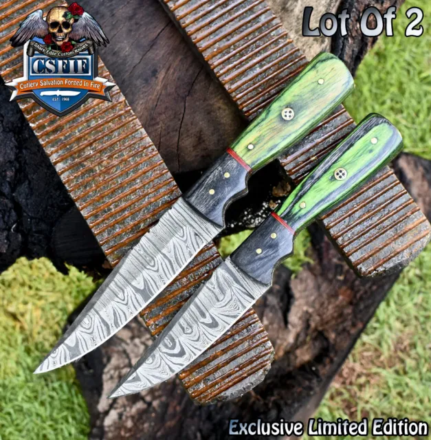 CSFIF Custom Hand Forged Skinner Knife Twist Damascus Hard Wood Lot of 2 Gift