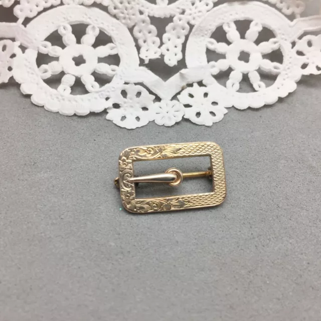 Antique Victorian Buckle Motif Tiny Lingerie Pin 3/4" Gold Tone Engraved Vintage