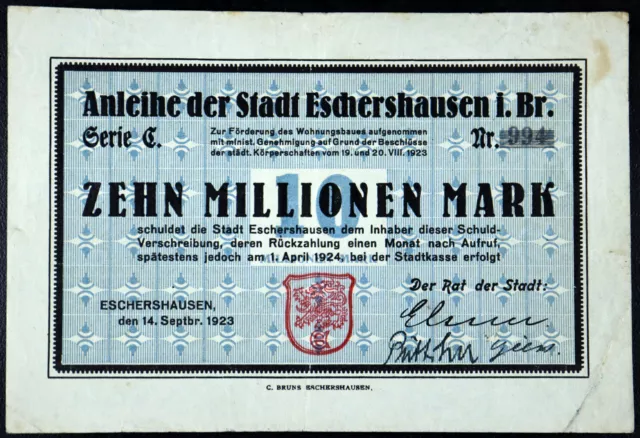 ESCHERSHAUSEN 1923 10 Million Mark Inflation Notgeld Banknote Germany