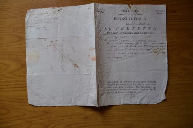 Antico Documento Circolare Regno D' Italia Polizia Dipartimento Del Brenta 1806