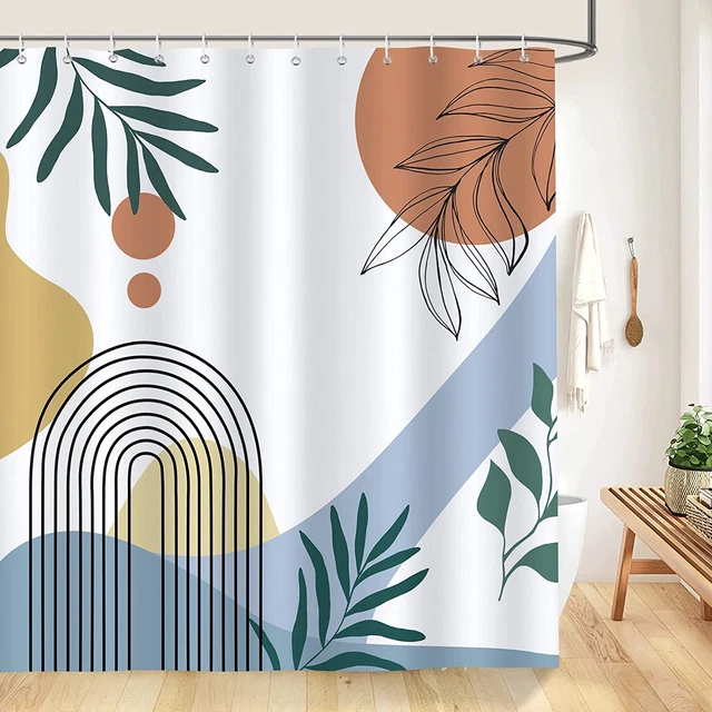 Mid Century Abstract Shower Curtain Boho Arch Leaves Modern Minimalistic Decorat