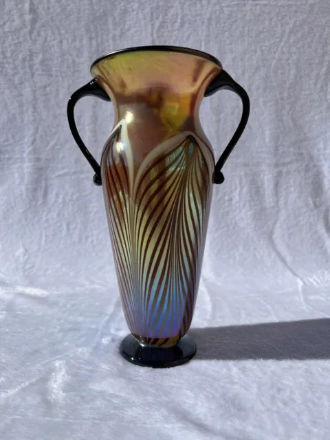 Rick Strini Art Glass Double Handled Vase Iridescent Metallic Feathered Signed
