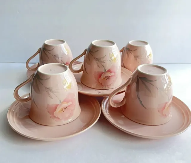 Vintage Mikasa Country Fresh JP 201 Graceful Set Of 5 Pink Tea Cups And Saucers.
