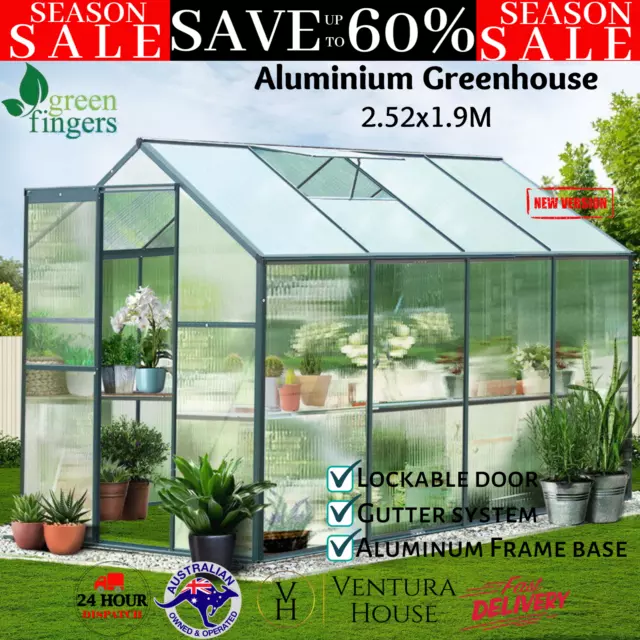 Greenfingers Aluminum Greenhouse Green House Garden Shed Polycarbonate 2.52x1.9M