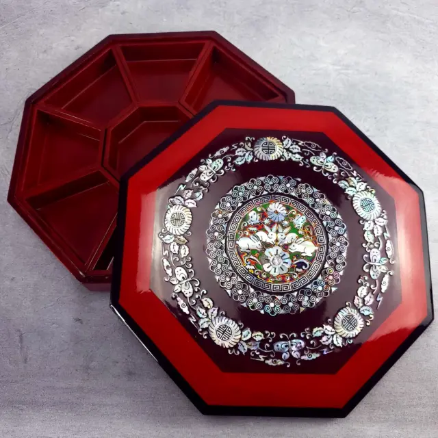 Asian Mother of Pearl Octagon Sectional Lacquer Box Red & Black 9pcs 1984 Korea