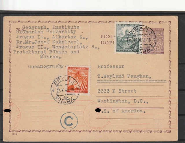 Böhmen und Mähren Ganzsache Karte + ZuF Prag nach Washington/USA, 1940