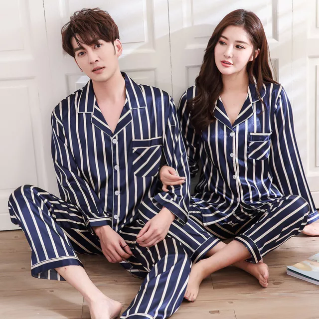 Women Men Silk Satin Pajamas Sets Long Sleeve Pyjamas Couple Sleepwear Nightwear