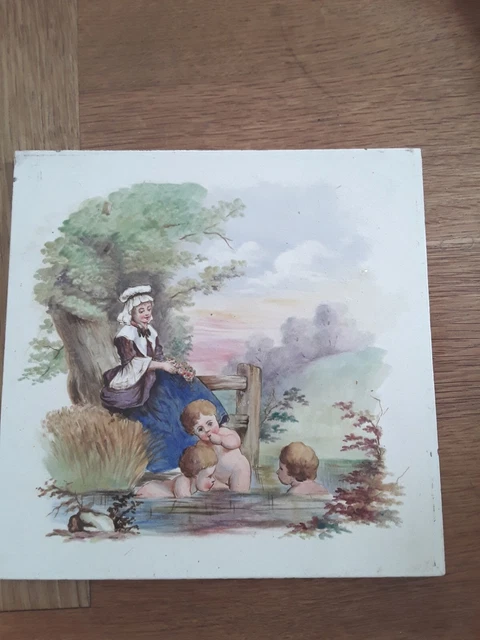Antique  Minton & Hollins Handpainted Oak Framed Glazed Tile