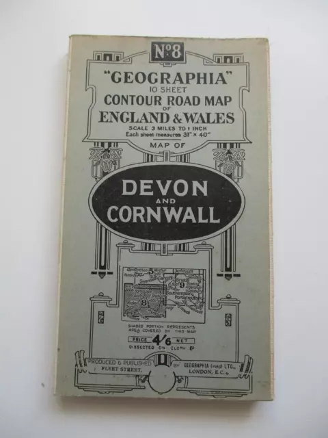 1923 DEVON & CORNWALL Cloth Backed Folding Road Map 'GEOGRAPHIA' No.8 4/6Net