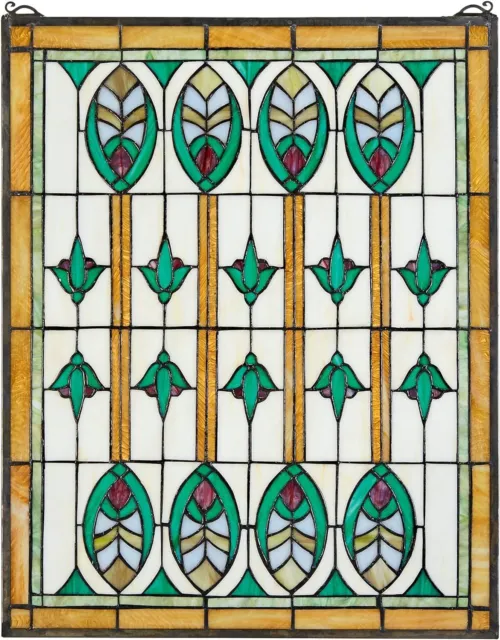 Katlot Elmslie Arts and Crafts Stained Glass Window, Green & Amber Geometric