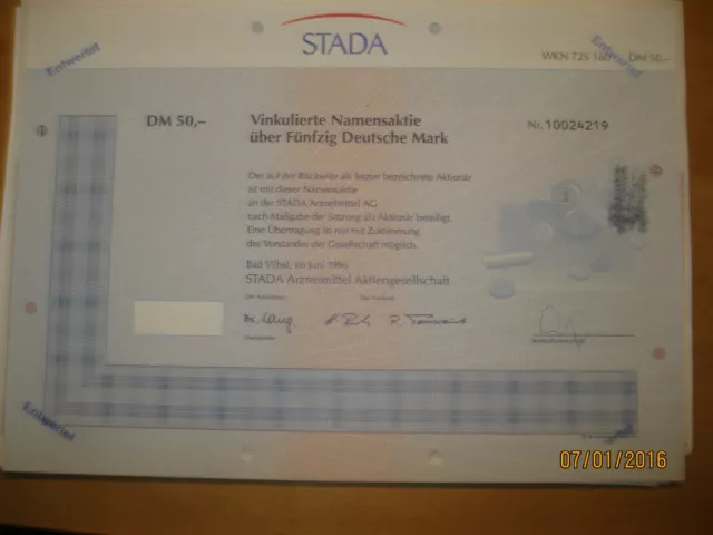 50 DM Namens-Aktie Stada 1996 Bad Vilbel mit Coupons