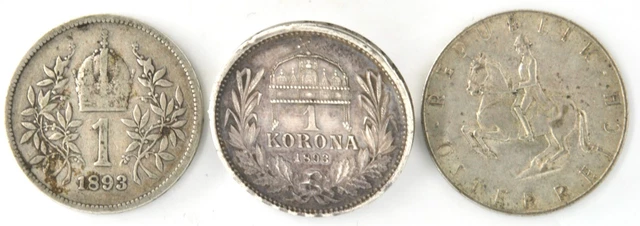 1893 Austria & Hungary 1 Krona  0.8350 Silver 1961 5 Schilling  0.64 Silver Coin