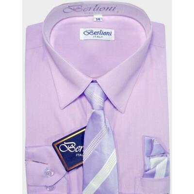 Berlioni Italy Kids Boys Dress Shirt Long Sleeve With Tie & Hanky Solid Lilac
