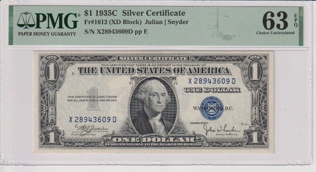 Fr 1612 1935C $1 SC X28943609D PMG 63EPQ CH CU 1935-C Silver Certificate