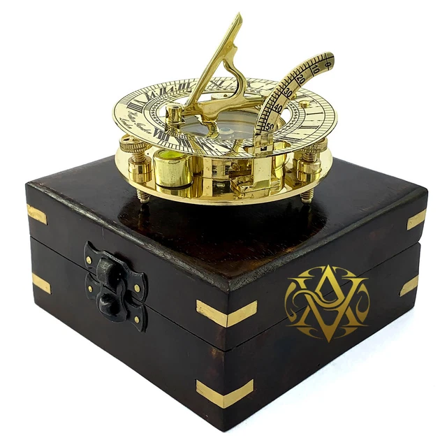 ANTIQUE MARITIME BRASS Sundial Compass In Wooden Box Nautical Vintage ...