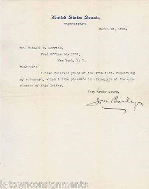 JW Bailey US Senator 1900s Autograph Signed Senate Stationery Letter