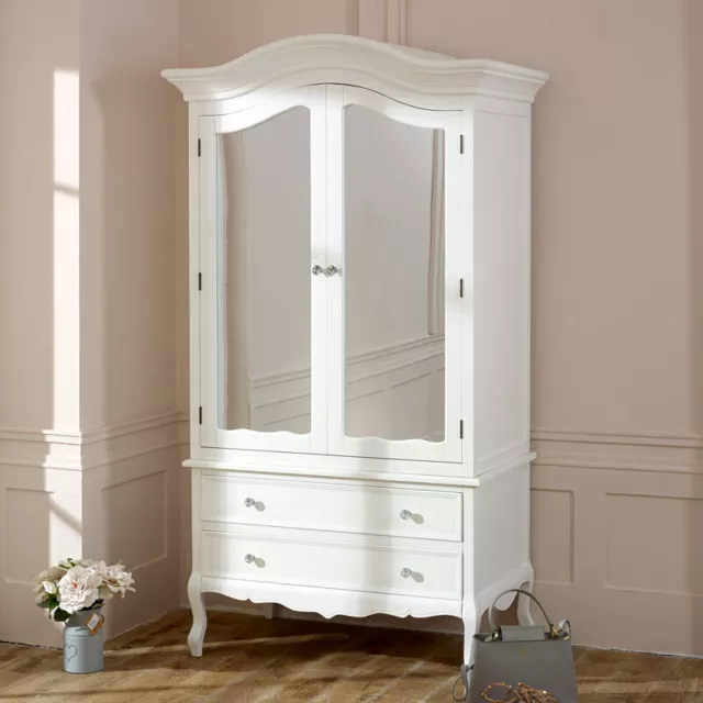 Large white double mirrored wardrobe French bedroom furniture clothing storage