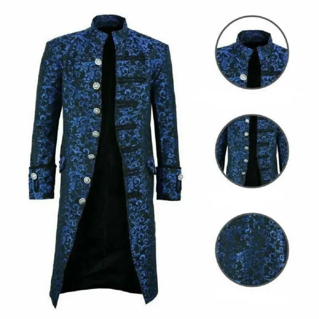 Handmade Men’s Blue Brocade Goth Steampunk Victorian Velvet Frock Coat/USA