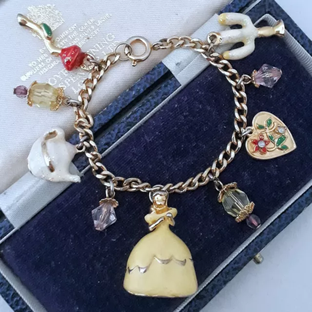 Signed Disney Beauty And The Beast Belle Lumiere Mrs Potts Rose Charm Bracelet