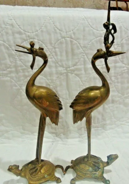 2 Japanese Metal Art a Crane on Turtle Copper / Brass Shokudai Or Candlestick 3