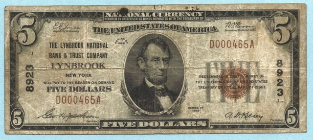 $5 National Currency 1929 T1 - Ch8923 - Lynbrook NB & TC, Lynbrook, NY - F+/VF