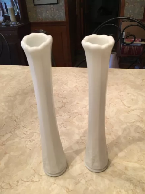 Pair Vintage Westmoreland white milk glass paneled grape swung bud vase stretch