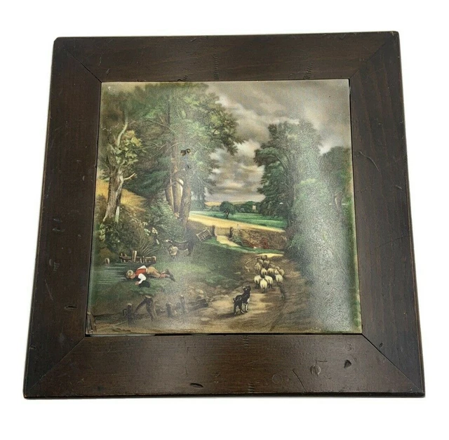 Vintage Handpainted English Tile in Footed Wood Trivet Pastoral Scene #2