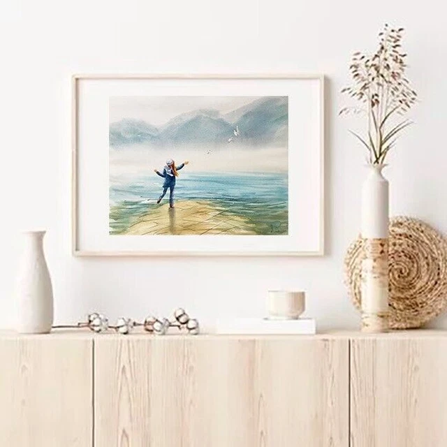 Girl Seagulls Original Watercolor Painting Sea Wall Decor Art Montagne Regali