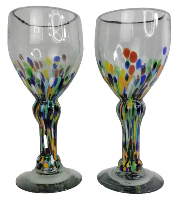 Set Of 2 Murano Style Hand Blown Glass Colorful Confetti Wine Goblet Heavy