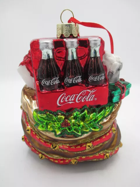 Coca-Cola Kurt Adler Handcrafted Glass Ornament Santa's Gift Bag Sack Christmas