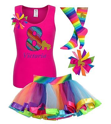 8th Birthday Girl Shirt Roller Skate Party Rainbow Tutu Outfit Personalized 8
