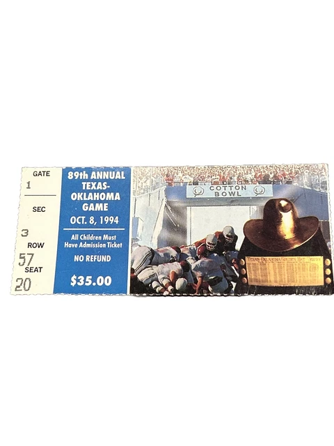 1994 Oklahoma Sooners Texas Longhorns Ticket Stub Cotton Bowl Dallas Texas Win