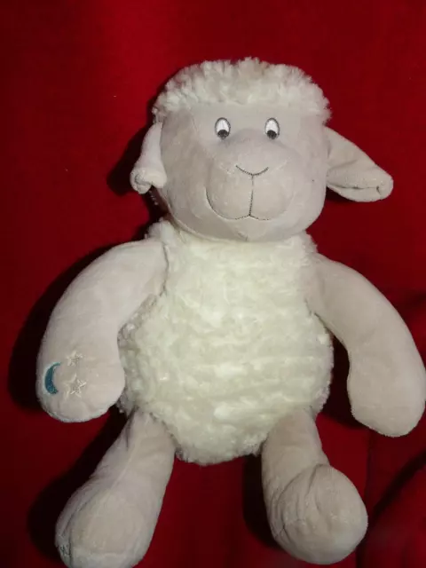 Doudou Peluche Carré Blanc Mouton Assis Gris Ecru Brodé Lune Etoile 30 cm