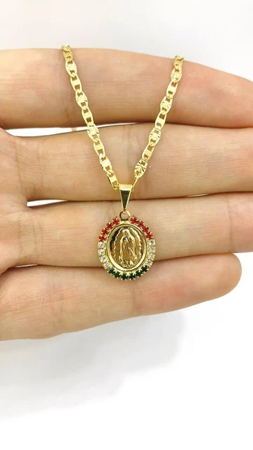 Virgen de Guadalupe Necklace Pendant CZ Oval 1st Communion Religious 14" Baby GF