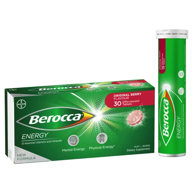 Berocca Energy 30 Effervescent Tablets - Original Berry Flavour Provides Energy