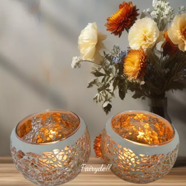 PAIR OF GLASS CANDLE HOLDERS GOLD SPARKLING CRACKLE GLASS BOWLS 8cm x 7cm 3